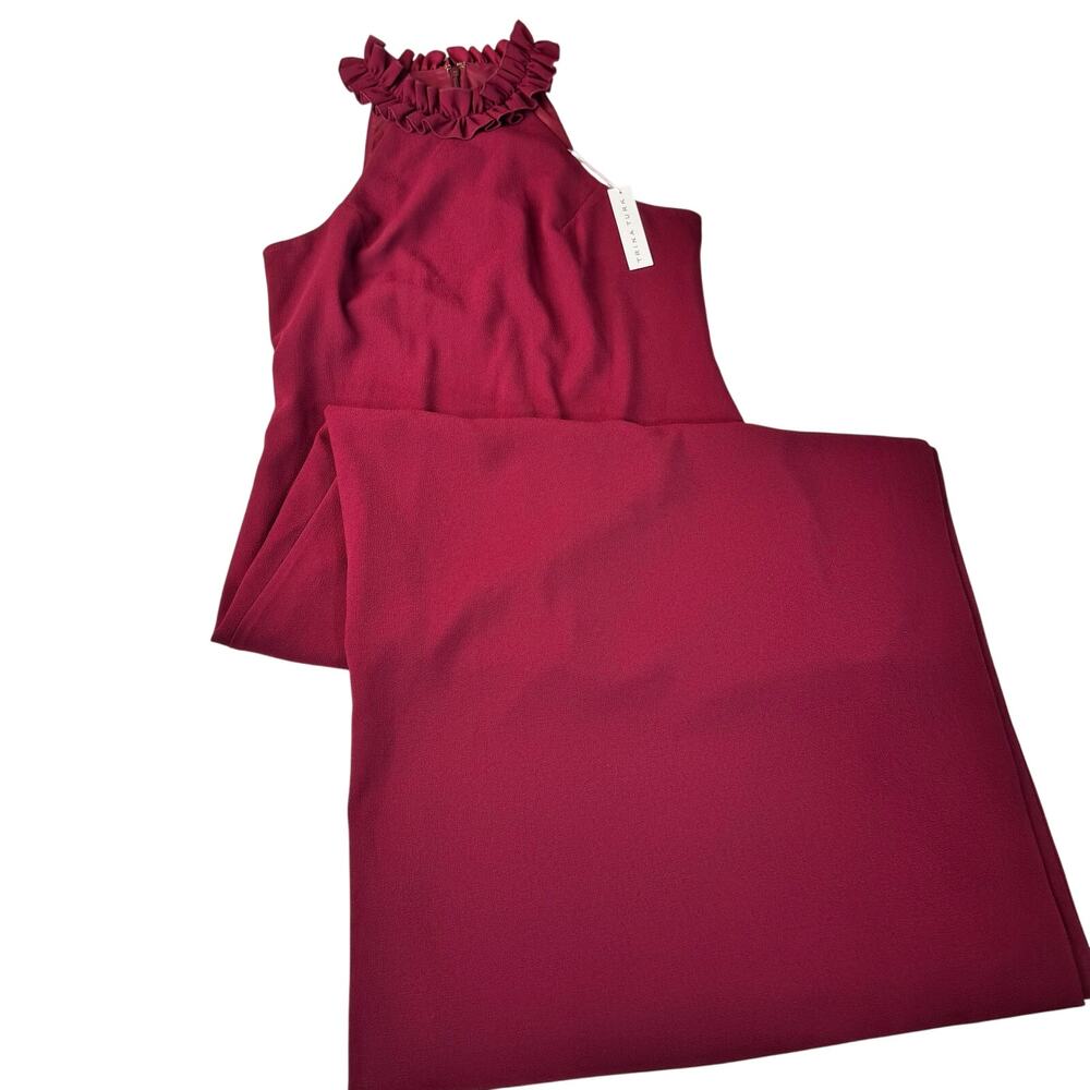 Trina Turk NWT Burgundy Formal Gown Ruffle Neck Maxi Dress Size 14 $368